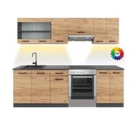 Vicco Ligne de Cuisine Raul, Chêne doré/Anthracite, 240cm, PT À Motifs Noirs avec Bande LED, combinable de manière Flexible avec des éléments modulaires