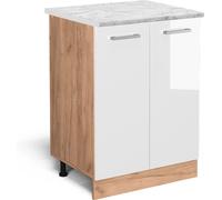 Vicco meuble bas de cuisine R-Line, 60 cm PT Marbre, Blanc Haute brillance/Chêne de force doré
