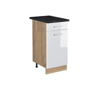Vicco Meuble Bas de Cuisine R-Line, Blanc Haute Brillance/Chêne doré 40 cm | 1 Tiroir · Plan de travail incl. · Pieds réglables en hauteur · 1 Porte · Librement combinable