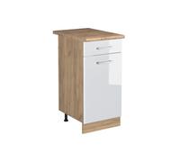 Vicco Meuble Bas de Cuisine R-Line, Blanc Haute Brillance/Chêne doré 40 cm | 1 Tiroir · Plan de travail incl. · Pieds réglables en hauteur · 1 Porte · Librement combinable