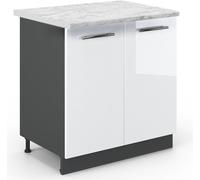 Vicco meuble bas sous-évier Fame-Line, 80 cm avec étagère, PT Marbre, Blanc Haute brillance/Anthracite
