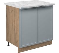 Vicco Meuble bas sous-évier Fame-Line, 80 cm avec étagère, PT Marbre, Bleu clair-gris/Chêne de force doré