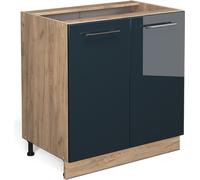 Vicco meuble bas sous-évier Fame-Line, 80 cm avec étagère, sans plan de travail, Bleu foncé brillant/Chêne de force doré