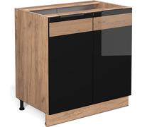 Meuble bas sous-évier Fame-Line, 80cm avec étagère, sans PT, Chêne noir brillant, Chêne de force doré, Vicco