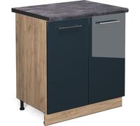 Vicco meuble bas sous-évier Fame-Line, 80 cm , PT Anthracite, Bleu foncé brillant/Chêne de force doré