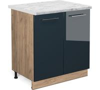 Vicco meuble bas sous-évier Fame-Line, 80 cm , PT Marbre, Bleu foncé brillant/Chêne de force doré