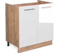 Vicco meuble bas sous-évier Fame-Line, 80 cm sans plan de travail, Blanc Haute brillance/Chêne de force doré