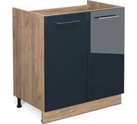 Vicco meuble bas sous-évier Fame-Line, 80 cm sans plan de travail, Bleu foncé brillant/Chêne de force doré