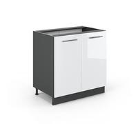 Vicco Meuble Bas sous-évier Fame-Line, Blanc Haute Brillance/Anthracite, 80 cm avec étagère, sans Plan de Travail