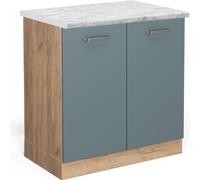 Vicco meuble bas sous-évier R-Line, 80 cm PT Marbre, Bleu-gris/Chêne de force doré
