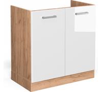 Vicco meuble bas sous-évier R-Line, 80 cm sans plan de travail, Blanc Haute brillance/Chêne de force doré