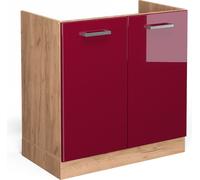 Vicco meuble bas sous-évier R-Line, 80 cm sans plan de travail, Rouge bordeaux Haute brillance/Chêne de force doré
