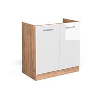 Vicco Meuble Bas sous-évier R-Line, Blanc Haute Brillance/Chêne de Force doré, 80 cm sans Plan de Travail