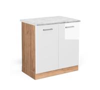 Vicco Meuble Bas sous-évier R-Line, Blanc Haute Brillance/Chêne de Force doré, 80 cm PT Marbre