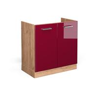 Vicco Meuble Bas sous-évier R-Line, Rouge Brillant, 80cm | 2 Portes · Sans plan de travail · Pieds réglables en hauteur · Grand espace intérieur ✓ · Librement combinable