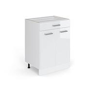 Vicco Meuble Bas Universel R-Line, Blanc Haute Brillance, 60cm | avec tiroirs, sans PT, adapté au rangement peu encombrant dans les cuisines équipées