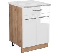 Vicco meuble cuisine Fame-Line, 60 cm avec tiroir, PT Marbre, Blanc Haute brillance/Chêne de force doré