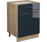 Vicco meuble cuisine Fame-Line, 60 cm avec tiroir, sans plan de travail, Bleu foncé brillant/Chêne de force doré