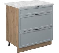 Vicco Meuble cuisine Fame-Line, 80 cm avec 3 tiroirs, PT Marbre, Bleu clair-gris/Chêne de force doré