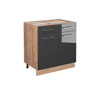 Vicco Meuble Cuisine Fame-Line, Anthracite Haute Brillance, 80cm | Façade en MDF · Sans plan de travail · Pieds réglables en hauteur · Poignées en métal · Fermeture douce