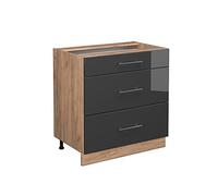 Vicco Meuble Cuisine Fame-Line, Anthracite Haute Brillance/Chêne de Force doré, 80 cm avec 3 tiroirs, sans Plan de Travail