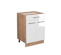 Vicco Meuble Cuisine Fame-Line, Blanc Haute Brillance, 60cm | Façade en MDF · Sans plan de travail · Pieds réglables en hauteur · Poignées en métal · Fermeture douce