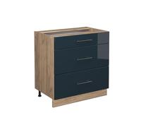 Vicco Meuble Cuisine Fame-Line, Bleu foncé Brillant/Chêne de Force doré, 80 cm avec 3 tiroirs, sans Plan de Travail