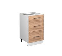 Vicco Meuble Cuisine Fame-Line, Chêne doré, 50cm | 3 Tiroirs · Sans plan de travail · Pieds réglables en hauteur · Poignées en métal