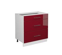 Vicco Meuble Cuisine Fame-Line, Rouge Bordeaux Haute Brillance, 80cm avec 3 tiroirs, sans PT, à Combiner avec d'autres modules de la série Fame-Line