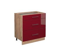 Vicco Meuble Cuisine Fame-Line, Rouge Bordeaux Haute Brillance, 80cm avec 3 tiroirs, sans PT, à Combiner avec d'autres modules de la série Fame-Line
