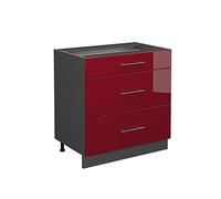 Vicco meuble cuisine Fame-Line, 80 cm avec 3 tiroirs, sans plan de travail, Rouge bordeaux Haute brillance/Anthracite