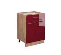 Vicco meuble cuisine Fame-Line, 60 cm avec tiroir, sans plan de travail, Rouge bordeaux Haute brillance/Chêne de force doré