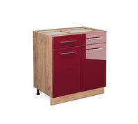 Vicco Meuble Cuisine Fame-Line, Rouge Bordeaux Haute Brillance/Chêne de Force doré, 80 cm sans Plan de Travail