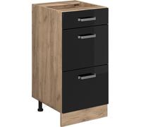 Vicco meuble cuisine R-Line, 40 cm avec tiroirs, sans plan de travail, Noir Haute brillance/Chêne de force doré