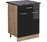 Vicco meuble cuisine R-Line, 60 cm avec tiroir, PT Anthracite, Noir Haute brillance/Chêne de force doré