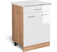Vicco meuble cuisine R-Line, 60 cm PT Marbre, Blanc Haute brillance/Chêne de force doré