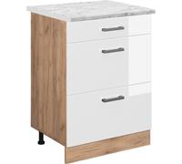 Vicco Meuble cuisine R-Line, 60cm PT Marbre, Blanc Haute brillance/Chêne de force doré