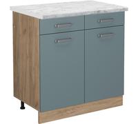 Vicco Meuble cuisine R-Line, 80cm PT Marbre, Bleu-gris/Chêne de force doré