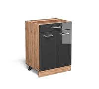 Vicco Meuble Cuisine R-Line, Anthracite Haute Brillance, 60cm | 1 Tiroir · Sans plan de travail · Pieds réglables en hauteur · 2 Portes · ✓ Accès facile