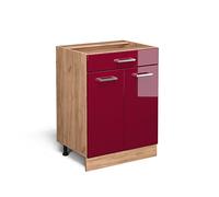 Vicco meuble cuisine R-Line, 60 cm avec tiroir, sans plan de travail, Rouge bordeaux Haute brillance/Chêne de force doré