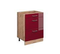 Vicco Meuble Cuisine R-Line, Rouge Bordeaux Haute Brillance/Chêne de Force doré, 60 cm avec tiroirs, sans Plan de Travail