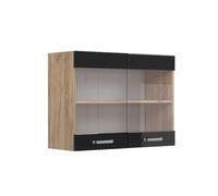 Vicco Meuble de Cuisine Haut vitré R-Line, Noir Haute Brillance/Chêne de Force doré, 80 cm