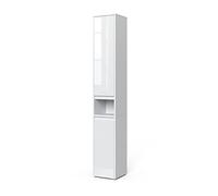 Vicco Meuble Salle de Bain Majest, Blanc Haute Brillance, 30.2x191.5cm | avec portes et compartiment ouvert, pour le rangement avec six étagères réglables