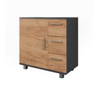 Vicco Meuble sous Vasque Ilias, Anthracite/chêne doré, 60x60.8cm avec Porte et 3 tiroirs, avec découpe pour Siphon pour Installation sur lavabo
