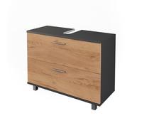 Vicco Meuble sous Vasque Ilias, Chêne doré/Anthracite, 80.2x60.8cm avec 2 tiroirs, avec découpe pour Siphon et Ouvertures d’aération latérales