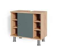 Vicco Meuble sous Vasque Simple Fynn, Vert/Force de l'or Chêne, 60x54cm | avec découpe pour siphon et étagères ouvertes