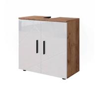 Vicco Meuble sous Vasque Simple Irma, Blanc Brillant/Chêne doré, 60x59cm, avec découpe pour Siphon et étagère de Rangement