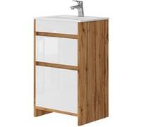 Vicco Mobilier de Salle de Bains Detmold, Chêne de Force doré/Blanc Haute Brillance, 2 pièces, avec lavabo et 2 tiroirs