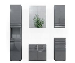 Vicco Meubles Bain Fredd, Anthracite Haute Brillance, 56 cm, composé d’Un Meuble sous-lavabo, Armoire Miroir, Colonne, Demi-Colonne et Meuble Haut