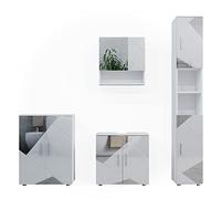 Vicco Meubles Bain Irma, Blanc Brillant avec Inserts, 4 pièces, avec Armoire Haute et Commode